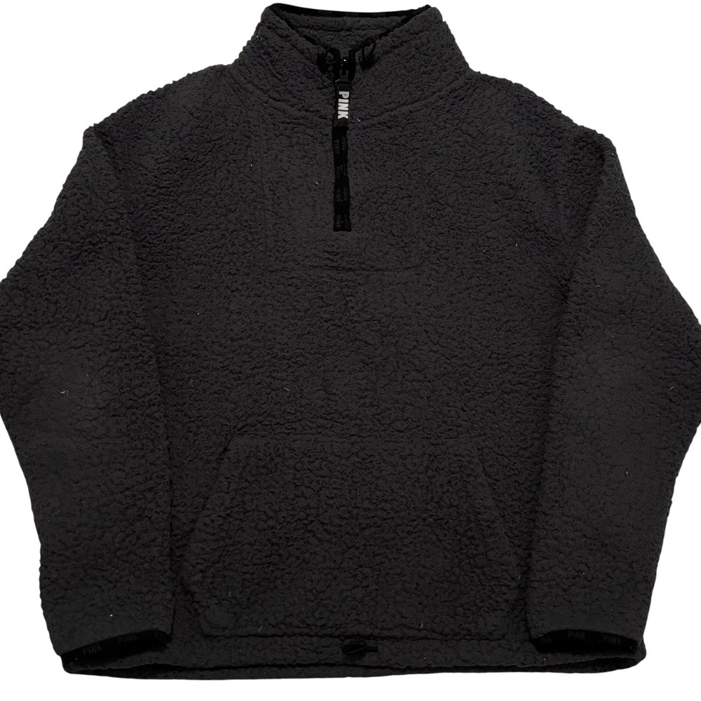 Victoria's Secret PINK Black Sherpa Fleece Quarter Zip Pullover Kangaroo Pocket